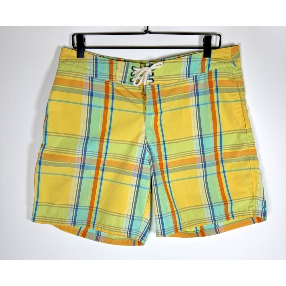 Faherty Swim Trunks Mens 33 Yellow Plaid Lace Up Surf Board Shorts Coastal Beach